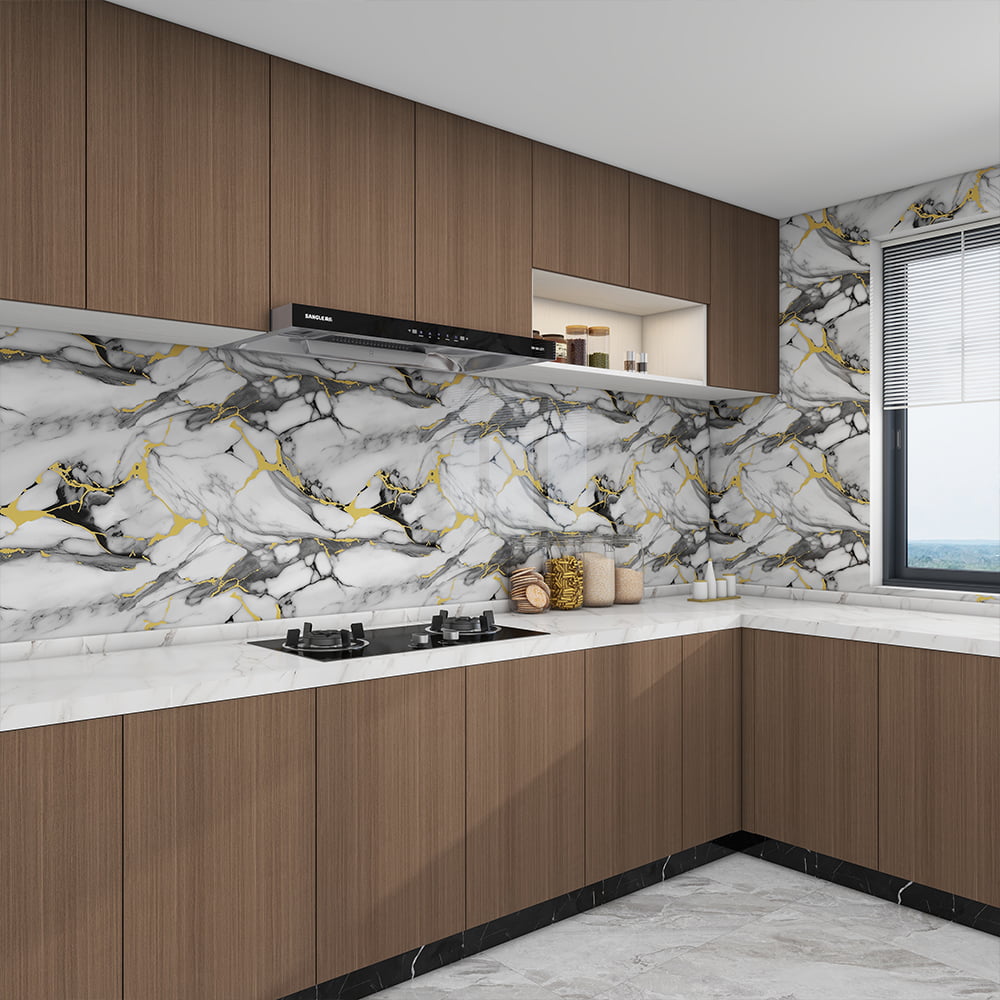 Kertas Dinding Marmar Berkilat Tinggi Moden Roll PVC Pelekat Sendiri Kalis Air Hiasan Rumah Pelekat Lembaran Marmar