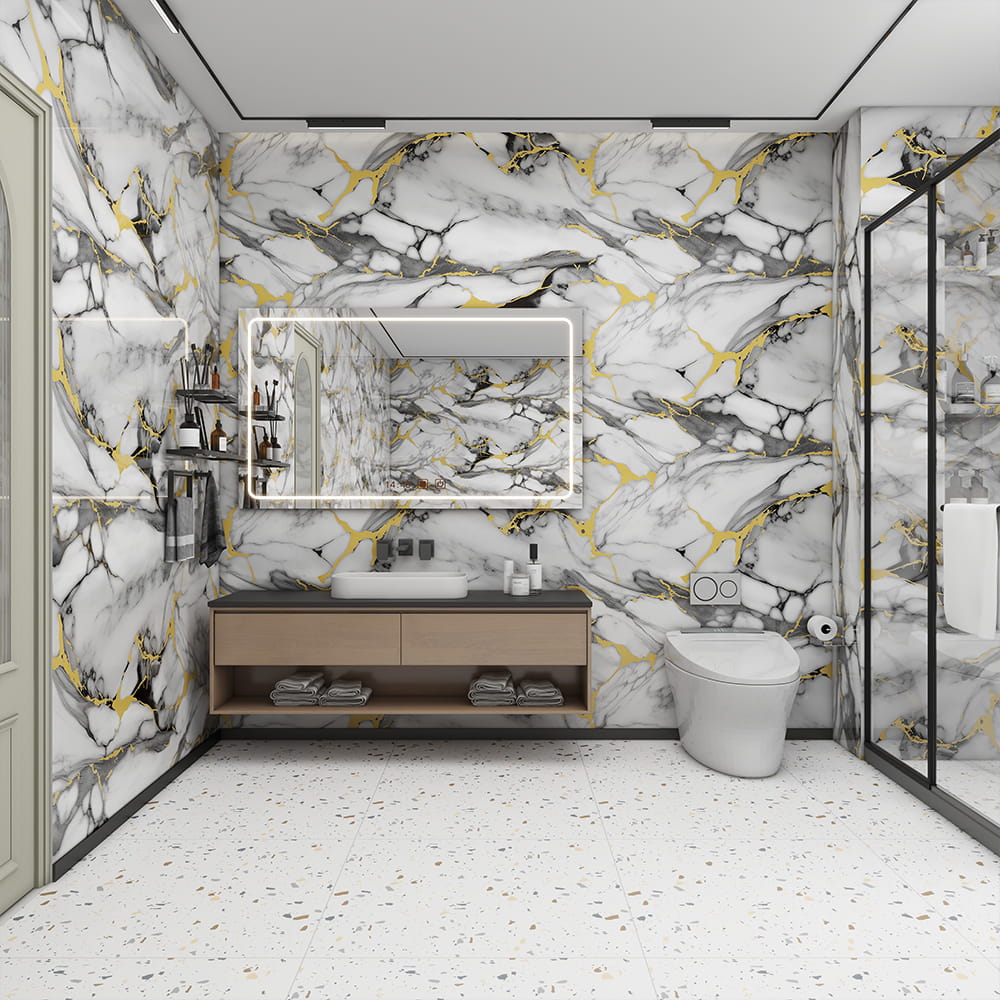 Kertas Dinding Marmar Berkilat Tinggi Moden Roll PVC Pelekat Sendiri Kalis Air Hiasan Rumah Pelekat Lembaran Marmar